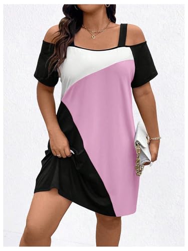 Image of SOLY HUX Women's Plus Size Dress Cold Shoulder Color Block Short Sleeve T Shirt Dress Casual Summer Dresses