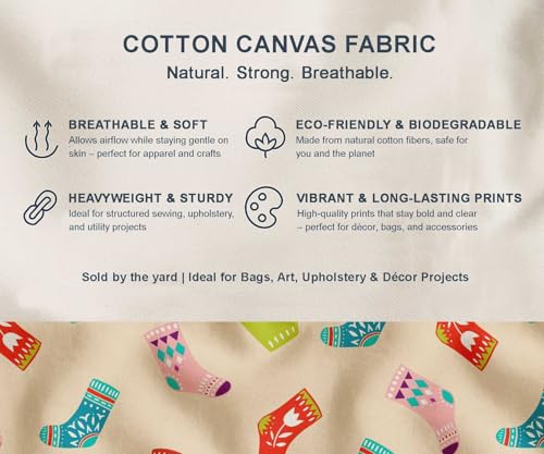 Image of Soimoi White Cotton Canvas Fabric Socks & Gloves Folk Art Print Sewing Fabric Meter 56 Inch Wide