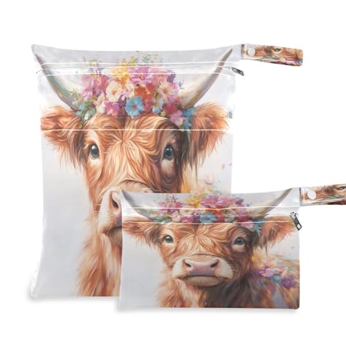Takiito Highland Cow 2 Pcs Wet Dry Bags for Cloth Diapers, Waterproof & Reusable Wet Bag for Nursery Beach Pool Gym with Two Zippered Pockets