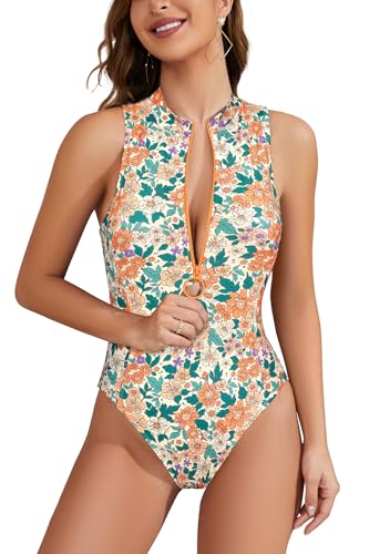 Maillot de bain une pièce sportif orange XL pour femme à col haut zippé