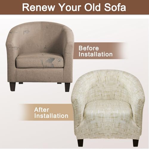 Image of SearchI Club Chair Slipcover Stretch Barrel Chair Covers Printed Tub Chair Slipcovers Soft Spandex Armchair Sofa Cover Removable Couch Furniture Protector for Living Room (Beige Linen-Look Print)