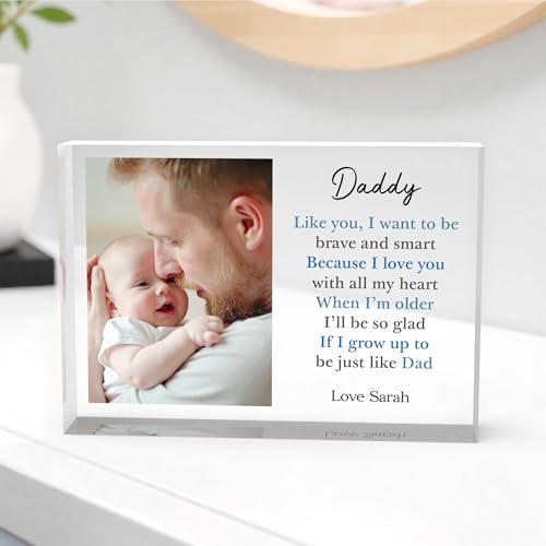Beecreative Fathers Day Gifts for Daddy - Personalised Dad Gifts for Fathers Day PHOTO Gift - Dad, Daddy, Grandad, Pops, Grandfather Father's Day Presents Custom Clear Block with White Gift Bag