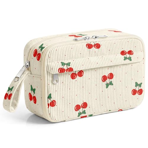 Image of WOBAGMEN Cute Pencil Case,Large Corduroy Zippered Pencil Case Pouch, Aesthetic Pencil Bag with Compartments, Pencil Pouch School Supplies (Cherry Polka Dots)