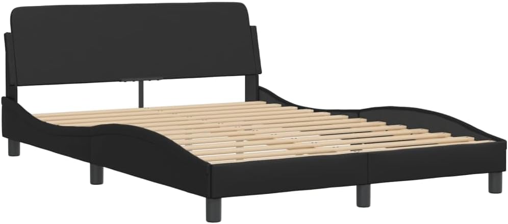 Double Bed Frame with Black Faux Leather Upholstery and Solid Pine Wood, Sturdy Platform Foundation with Slatted Mattress Support, Easy Assembly, Modern Minimalist Bedroom Furniture