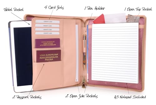 Catwalk Collection Handbags - Damen A5 Leder Notizbuchtasche - Schreibmappe mit Reißverschluss - Passend für Tablet und Notizbuch - Angela - Rosa