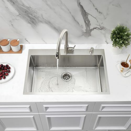 Jshozzy 33x22 Drop In Kitchen Sink with Faucet Stainless Steel Top Mount 18 Gauge Handmade Single Bowl Deep Sink with Accessories by Jshozzy - Used condition - Image 3