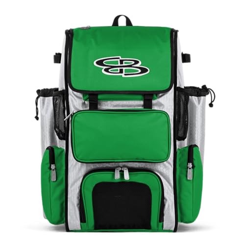 Boombah Superpack Bat Pack -Backpack Version (no wheels) - Holds up to 4 Bats - White/Kelly Green - For Baseball or Softball
