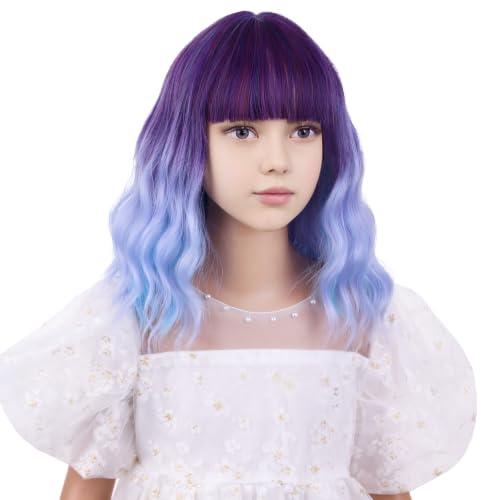 Image of Colorful Wig for Kids Girls Short Rainbow Wavy Curly Wig Child Multi-color Wig with Air Bangs Heat Resistant Synthetic Wig with Wig Cap
