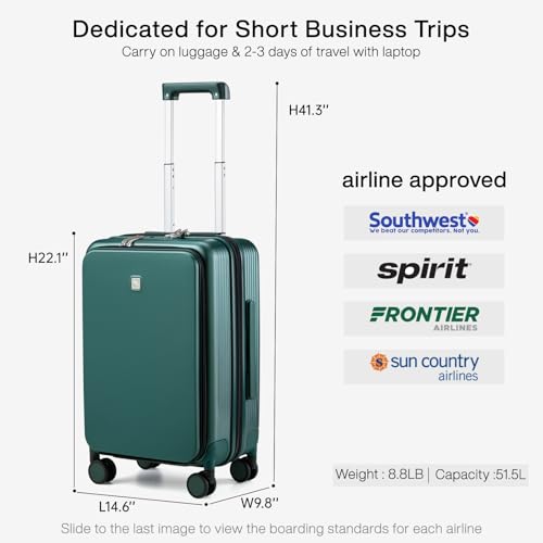 Hanke Grace Expandable Carry On Luggage with Wheels Airline Approved Hard Shell Suitcases with Front Pocket，Top Opening Luggage with TSA Lock for Short Business Travel, Blackish Green.4