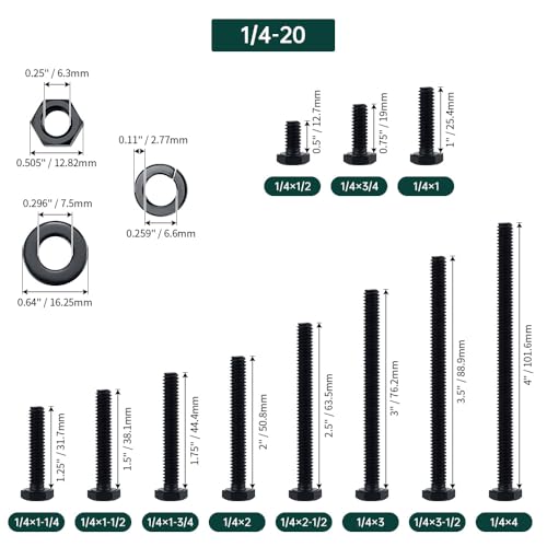 Image of 1 /4-20 x 2 Hex Bolts with Nuts and Washers (10 Sets), 18-8 (304) Stainless Steel, External Hex Drive, Black Oxide Coated Hexagon Head Bolts Screws, Fayeploo