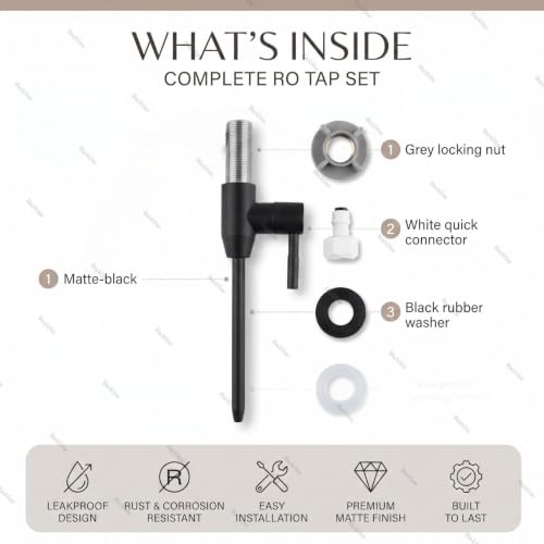 Image of Backline Matte Black SS 304 Stainless Steel RO Water Purifier Faucet Tap with 1 /4 Inch Pipe & Fittings - Leakproof Cabinet Mount Extender for Kitchen RO System