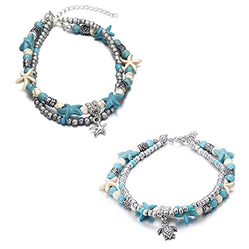 SEVENSTONE 2Pcs Handmade Starfish Turtle Anklet Beads Sea Boho Pearl Charm Anklets Foot Jewelry for Women Girls