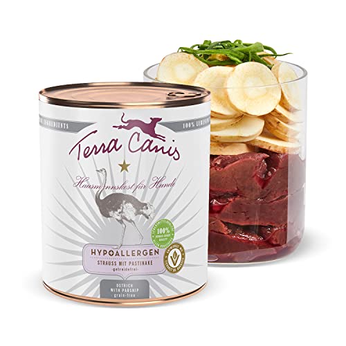 Terra Canis Hundefutter hypoallergen, Nassfutter getreidefrei mit Strauß und Pastinake 800 g – Hypoallergenes Premium-Nassfutter für Hunde Aller Rassen, mit Rohstoffen in 100% Lebensmittelqualität