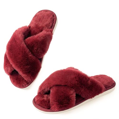 Image of Ankis Women's Fuzzy Slippers Cross Band Memory Foam Open Toe Comfy Soft House Shoes Anti-Slip Indoor Outdoor Gifts for Women