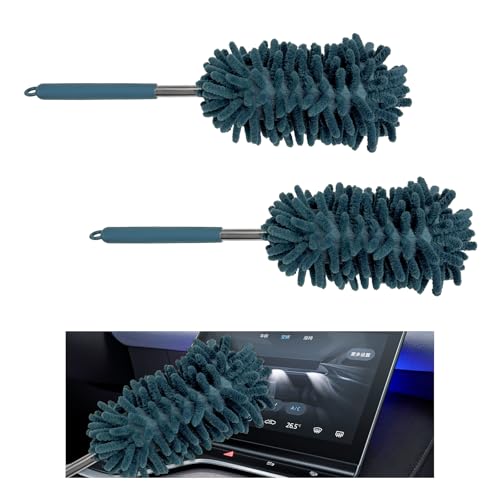 KAUEGOW 2PCS Car Interior Duster with Extension Pole, 11.8" to 30.5" Retractable Duster Washable Long Handle Cleaning Tool, Soft Chenille Detailing Brush for Auto Dash Vent Window (Navy Blue)
