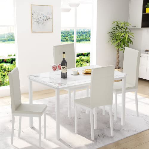 Fuzofuiz 5 Pieces Dining Set 5-Piece Kitchen Table Set With Marble Top, 4 Durable Faux Leather Upholstery Chairs Perfect For Kitchen, Breakfast Nook, Living Room Occasions #TOP12