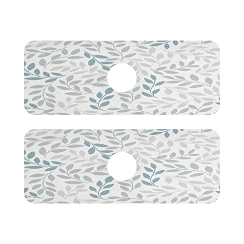 Blue Gray Leaves Faucet Drying mat Silicone Kitchen Faucet Mat Sink Splash Guard Drip Catcher Dish Soap Sponge Holder for Guard Bathroom Farmhouse S