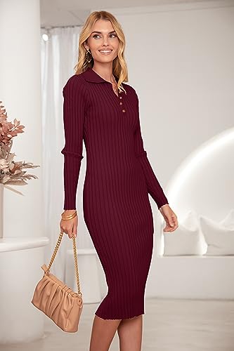 MEROKEETY Womens 2025 V Neck Ribbed Sweater Dress Long Sleeve Bodycon Knit Midi Dresses3
