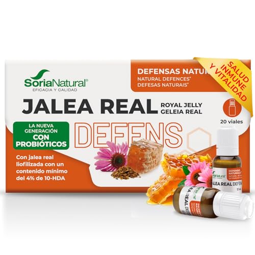 Jalea Real Defensas con Equinácea y Vitamina D3 - Jalea Fresca enriquecida con, Zinc y Probióticos - Apoyo al Sistema Inmunitario - Con Reishi Shiitake Maitake y Propóleo - 20 Viales - Soria Natural