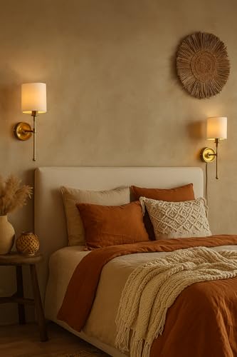 Image of AKWAY Antique Brass Finish Wall Lamps for Living Rooms with Bamboo Shade | Rattan and Cane Wall Lights for Bedroom | Wicker Wall scones - (Fabric Cylindrical - Jhalak)