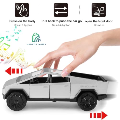 Image of HARRY & JAMES CYBR Truck Diecast Metal Car Toy for Kids 1:36 Scale Model Pull Back Action with Light & Sound Openable Doors Collectible Model Truck Tesla CyberTruck for Boys,Girls,Kids,Multicolor