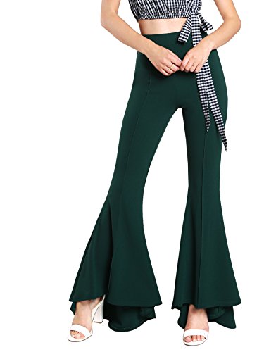 MakeMeChic Women's Elastic Waist Solid Flare Pants Stretchy Bell Bottom Trousers Green XS
