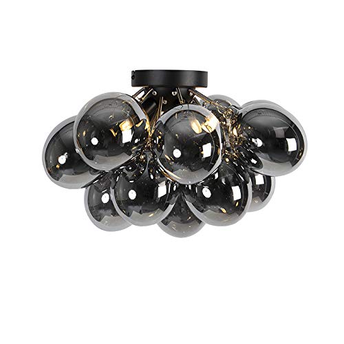 Qazqa Design Deckenleuchte, Deckenlampe - Uvas - Schwarz mit Rauchglas, 4-flammig, 40cm, Ideal als Flur, Schlafzimmerlampe und Wohnzimmerlampe