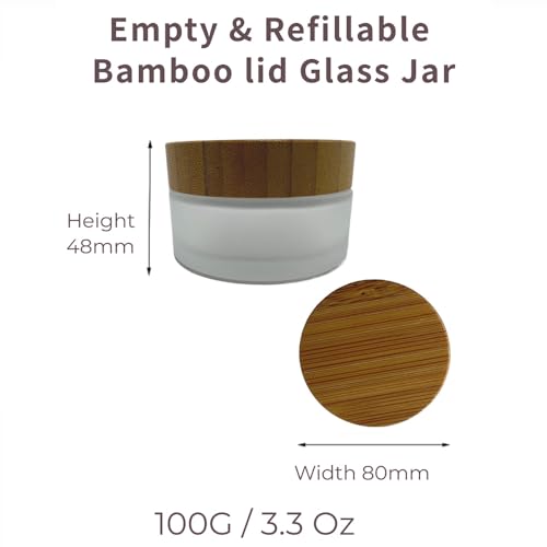 Empty Refillable Frosted Glass Cosmetic Cream Jar 4 Pack 3.3 OZ/100g with Bamboo Lids,Skin Care Travel Containers Pot for Clay Masks,Butter,Body Scrub,Lip Balm, Ointments, Lotion Frost2