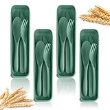 Homienly Portable Reusable Travel Utensils Set with Case,Wheat Straw Cutlery Set, Travel Camping Cutlery set, Fork and Spoon Set for Kitchen, Party, Travel, Work, Camping Utensils(4 Sets,Green)