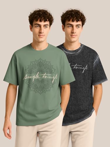 Image of BULLMER Trendy Half Sleeve Oversized Cotton Blend Crew Neck Tshirt for Men - Pack of 2