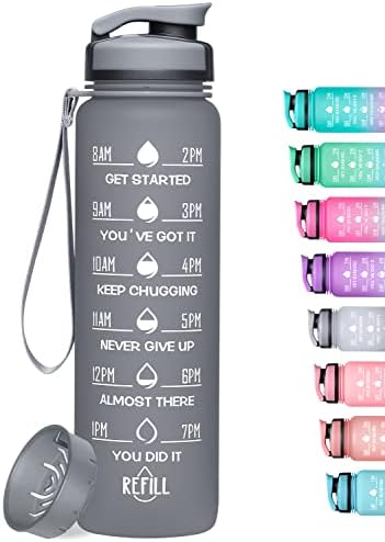 Geritto Motivational Water Bottle with Time Markings, 1000ml Non-Toxic BPA Free Tritan Drinking Bottle with Fruit Strainer, Leak Proof Perfect for Running, Gym, Yoga, Outdoors, and Camping