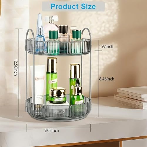 Image of JD FRESH 360 Degree Rotating Makeup Organizer 2 Layer Cosmetic Storage Box Vanity Stand with Drawers for Lipsticks Skincare Perfume Bathroom Countertop Dressing Table Organizer (Light Grey)