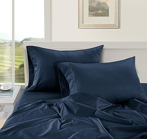 Image of LANE LINEN 100% Egyptian Cotton Bed Sheets King Size - Long Staple Mercerized Cotton, Luxury Hotel-Quality, 16 inch Deep Pocket King Sheet Set with Reinforced French Seams - Dark Blue