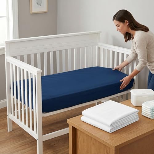Image of Everyday Kids 2-Pack Fitted Crib Sheets, 100% Soft Breathable Microfiber Baby Sheet, Fits Standard Size Crib Mattress 28in x 52in, White Nursery Sheet and Navy Nursery Sheet
