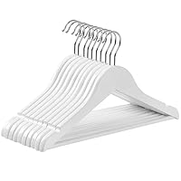 SONGMICS Wood Children's Hangers, Pack of 10 Kid's Clothes Hangers, with Trousers Bar, Shoulder Notches, 360° Swivel Hook, 35 cm Long, White and Silver CRW006W02