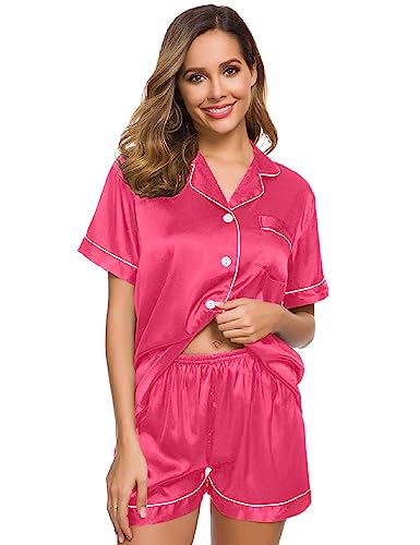 Image of SWOMOG Women Silk Satin Pajamas Set Short Sleeve Button Down Sleepwear Loungewear Pj Sets