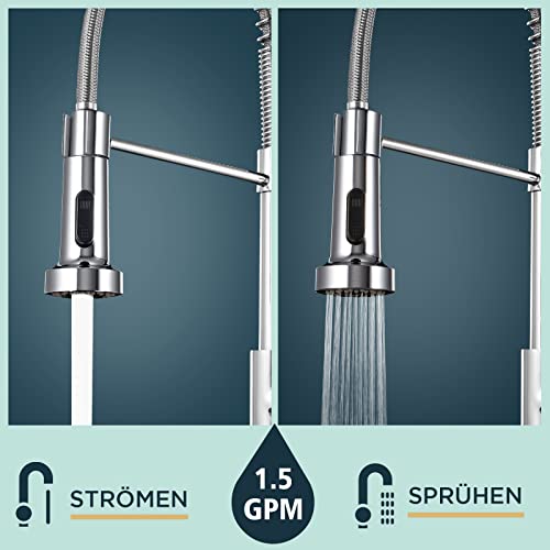 FORIOUS Wasserhahn Küche, Hoher Bogen Hochdruck Küchenarmatur mit Herunterziehen Brause Armatur, Mischbatterie Spültischarmatur Küche Küchenarmaturen, 360°Schwenkbar, Polierter Chrom