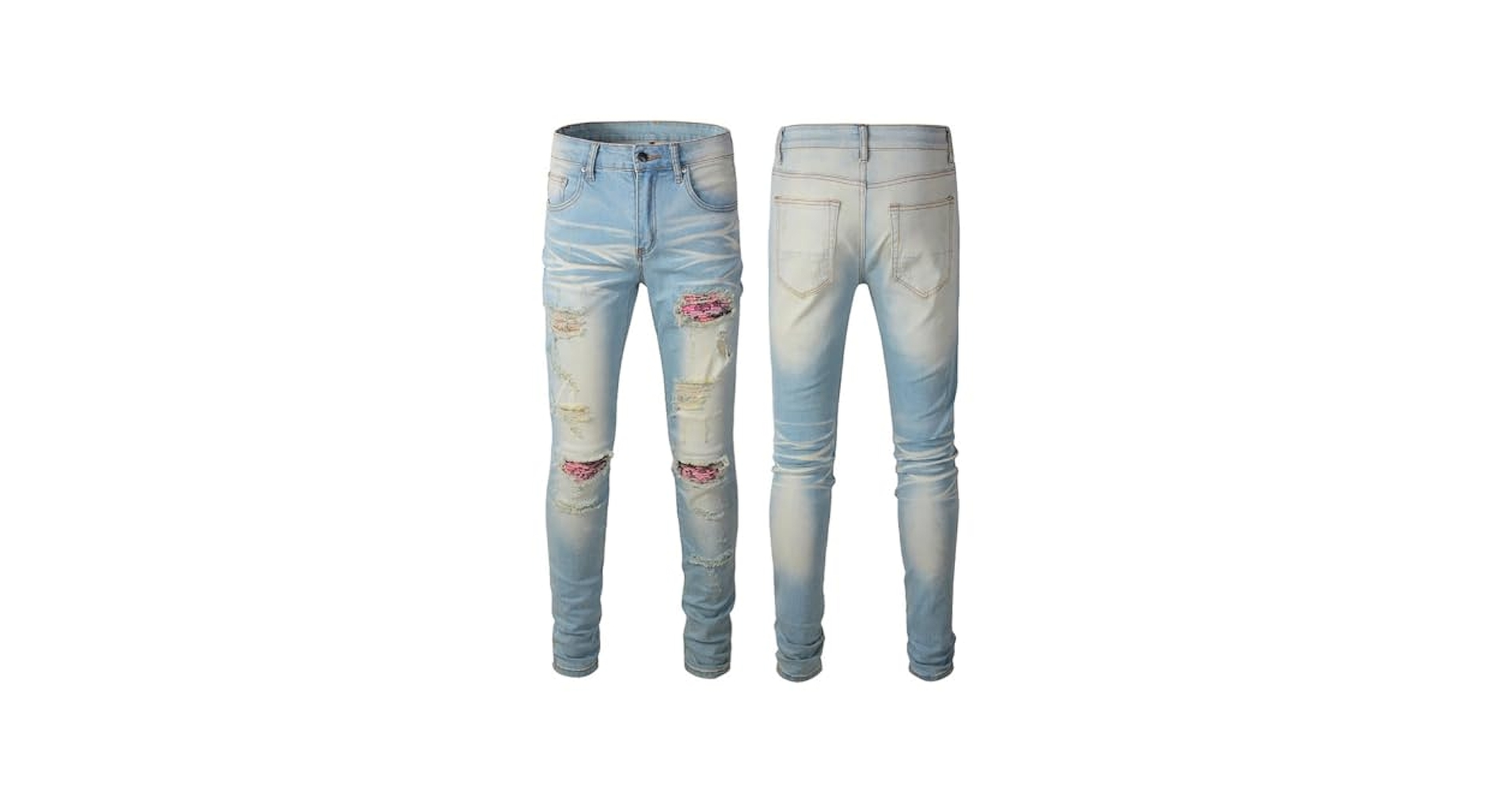 Generic Mens Pink Bandanna Patch Denim Destroyed Jeans