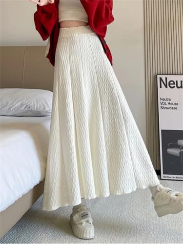 Women Vintage Elegant A-Line Skirt Fall Winter Classic Long High Waisted Knit Skirt Beige L2