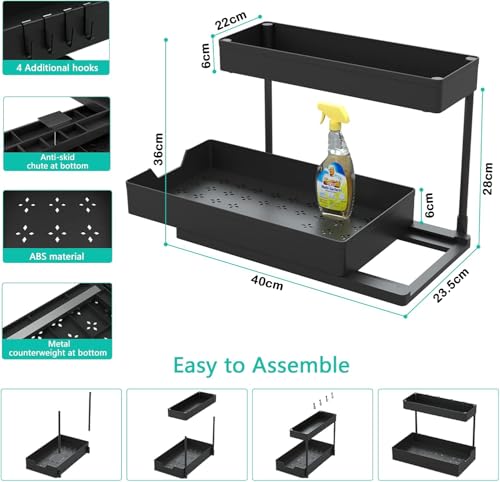 House of Quirk Under Sliding Cabinet Rectangular Basket Organizer, 2 Tier Storage Under Cabinet Bathroom Under Sink Organizers and Under Sink Storage for Bathroom Kitchen (Black)