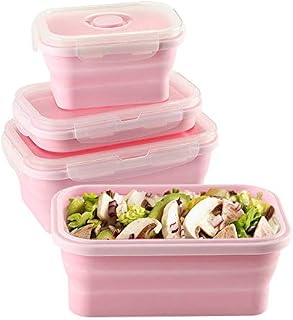 Silicone Lunch Box Portable Collapsible Folding Food Storage Container Kitchen Microwave, Dishwasher and Freezer Safe Household Picnic bento Box for Teens Pink(3pcs)