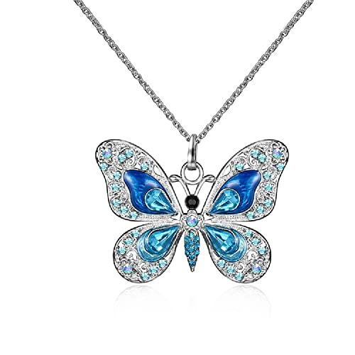COLORFUL BLING 1Pcs Beautiful Alloy Rhinestone Butterfly Long Necklaces Fashion Enamel Butterfly Necklace for Women（blue）
