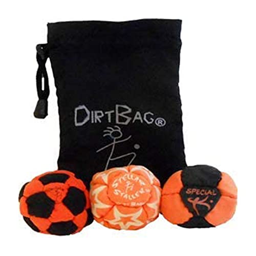 DirtBag Medley Footbag 3-Pack Hacky Sack Set with Pouch, Handmade,, Premium, Signature Carry Bag - Orange Black