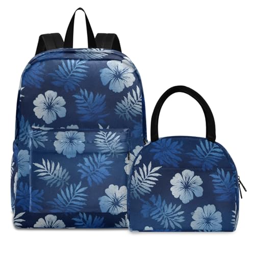 Backpack Lunch Box Set Large Capacity Travel Backpacks and Insulated Lunch Bag for Commute Hiking Picnic Tropical Leaves Print