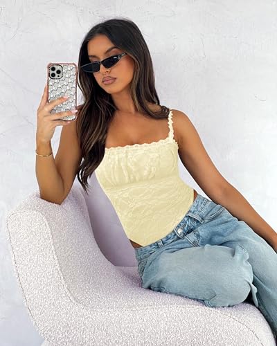 Saslax Women's Sexy Square Neck Lace Sleeveless Bodysuit Tank Tops Double Lined Body Suit Thong Outfits