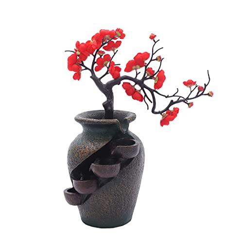 Tabletop Water Fountain Indoor Fountain Waterfall Tabletop Fountain with Simulated Plum Blossoms & 4 Layers of Water, Vase Type Indoor Zen Relaxation for Home, Office, Indoor