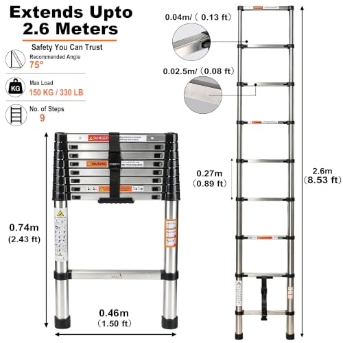 Image of Story@Home Telescopic Ladder for Home 9 Steps Foldable | Aluminium Ladder Stairs for Home Use 8.5 Feet - Portable & Compact Extension ladders for Home & Outdoor Use
