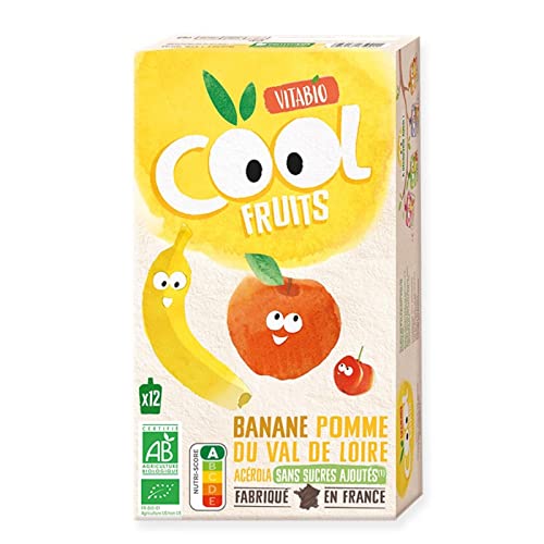 Vitabio Gourdes Cool Fruits Pomme Banane Bio - Pack de 12 - Snack Sain et Rafraîchissant - Pratique pour les Enfants - 90g chaque - Le Lot De 3