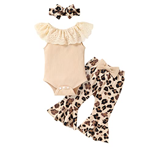 Younger Tree Newborn Infant Baby Girl Clothes Outfits Lace Round Collar Romper Bodysuit Floral Cow Print Pants Headband 3Pcs Summer Clothes Set(6-12 Months,A1 Leopard) #TOP27
