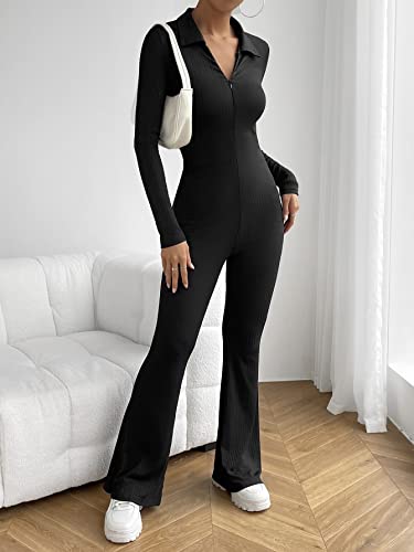 Makemechic Women's Long Sleeve Collar Zip Up Bodycon Flare Jumpsuit Pants Romper Black Xs #TOP2